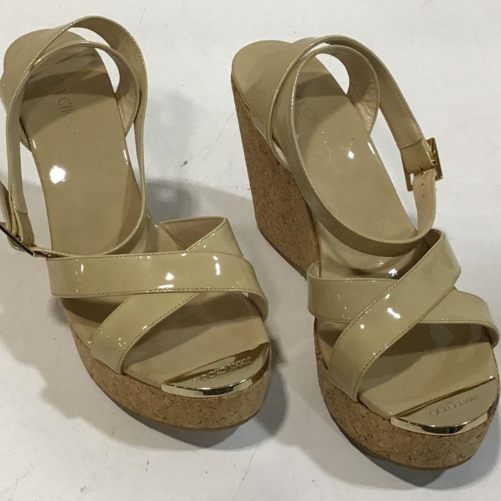 Women’s Jimmy Choo Patent Leather Cream Wedge Platform Sandals Size 40